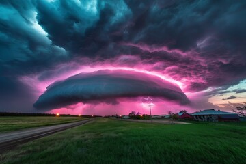 Poster - A rolling thunderstorm over a vast, empty plain with bolts of lightning streaking across the sky