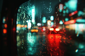Fototapete - Raindrops on a glass pane with a soft-focus city skyline in the background.