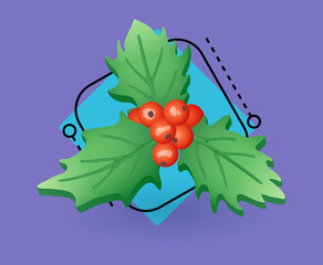 Wall Mural - Three-dimensional mistletoe or holly. Plant with green leaves and red berries for Christmas decoration 3D vector illustration on abstract background. Christmas, winter holidays, decoration concept