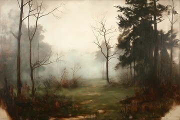 Poster - Foggy landscape with faint outlines of trees and muted, earthy tones