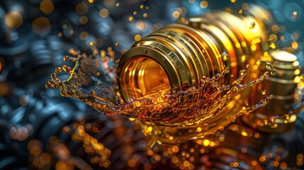 Poster - A dynamic splash of golden liquid around intricate machinery components.