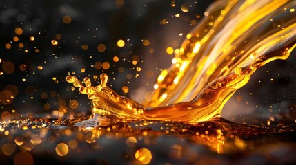 Poster - A dynamic splash of golden liquid with sparkling droplets against a dark background.