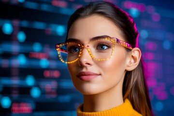 Aufkleber - A digital marketer analyzing data on a large screen, their face illuminated by glowing charts and graphs