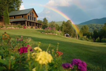 Poster - A clear double rainbow arching over a green, rolling meadow