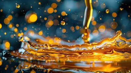 Poster - A close-up of liquid pouring, creating ripples and splashes with a bokeh background.