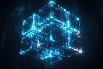 Wall Mural - A cube made of clear glass with blue lights inside