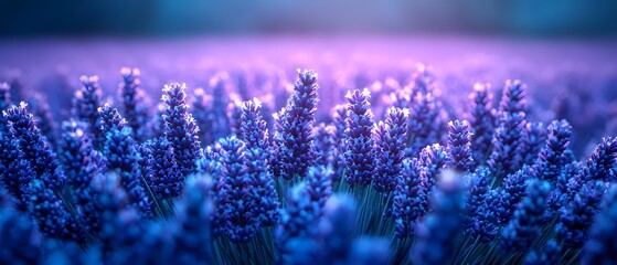Poster - Beautiful Lavender Field at Sunset with Soft Light and Vivid Colors Capturing the Essence of Nature's Serenity and Tranquility in a Breathtaking Landscape