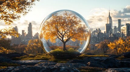 Poster - Captivating Scene of a Golden Tree Encased in a Glass Sphere with a City Skyline in the Background During Golden Hour