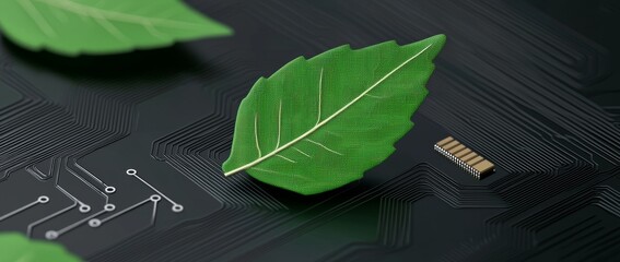 A detailed pattern of green circuits over a leaf silhouette demonstrates the blend of technology with nature.