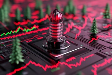 Poster - A dynamic digital illustration of a futuristic trophy surrounded by animated stock market graphs in a vibrant 3D scene