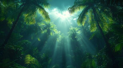Aufkleber - Serene and Lush Tropical Jungle with Sunbeams Filtering Through Palm Trees, Evoking a Sense of Tranquility and Connection to Nature in a Pristine Environment