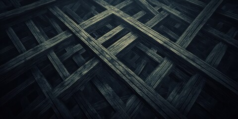 Poster - A textured pattern of intersecting wooden planks creates a dark, intricate background, emphasizing depth and structure.