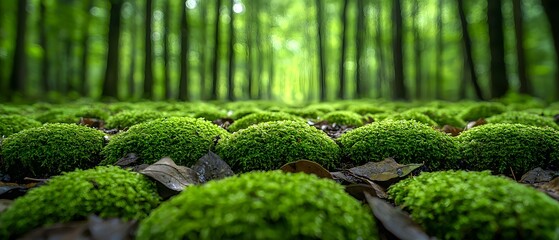 Fototapete - Lush Green Moss Covering Forest Floor with Trees in Background, Creating a Tranquil and Serene Atmosphere for Nature Lovers and Outdoor Enthusiasts