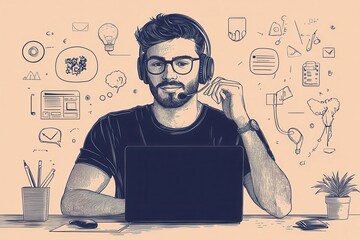 Poster - A focused individual with headphones works on a laptop, surrounded by creative icons and ideas, suggesting a dynamic and productive environment.