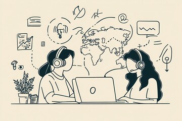 Poster - Two women with headphones collaborate online, surrounded by symbols of communication and a world map, representing remote teamwork and global connections.