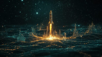 Poster - a futuristic rocket launches from a glowing landscape, surrounded by digital particles and lights, s