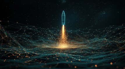 Poster - a futuristic rocket launches into a digital cosmos, surrounded by glowing particles and a network of