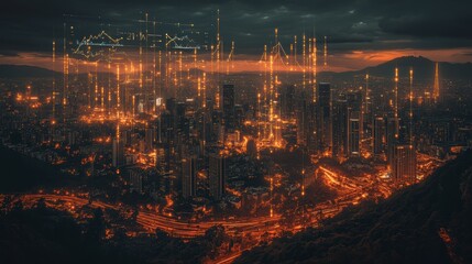 Poster - A vibrant cityscape illuminated by glowing lines and structures against a dark sky, creating a futuristic and surreal atmosphere.