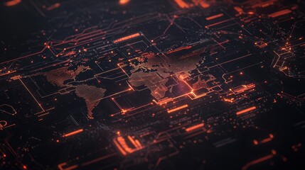 Aufkleber - A futuristic digital world map illuminated with glowing orange lines and circuits, symbolizing technology, connectivity, and data flow.