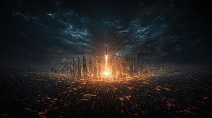 Aufkleber - A glowing cityscape emerges from darkness, illuminated by a bright core, evoking a sense of mystery and futuristic technology.