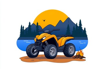 Aufkleber - A flat design 2D illustration of an ATV parked beside a campfire, with simplified shapes and bright tones on a clean white backdrop