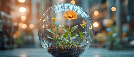 Aufkleber - Beautiful Glass Terrarium with Vibrant Yellow Flower Surrounded by Lush Green Plants and Soft Evening Light Creating a Serene Indoor Atmosphere