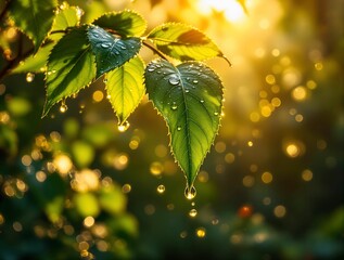 Aufkleber - Leaves with morning dew in bright sunlight