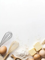 Poster - Flour, eggs, a whisk, and butter are neatly arranged on a white surface, creating a perfect setup for baking recipes or tips. Generative AI