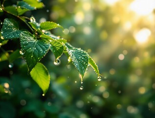 Aufkleber - Leaves with morning dew in bright sunlight