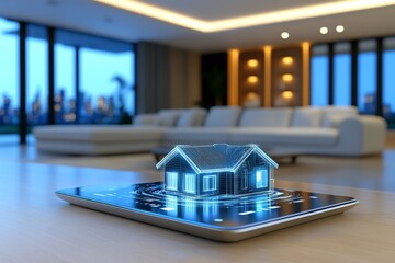 Poster - A futuristic 3D illustration of a smart home automation interface, with holographic controls floating above a sleek desk