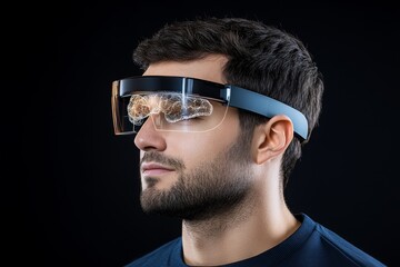 Poster - A futuristic attention-tracking device glowing on a user forehead, with a holographic display showing brain activity