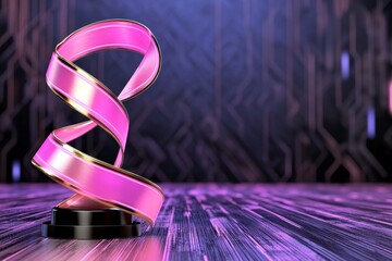 Poster - A futuristic award ribbon glowing with neon edges and holographic textures, displayed on a high-tech background