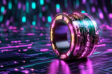 Poster - A futuristic award ribbon glowing with neon edges and holographic textures, displayed on a high-tech background