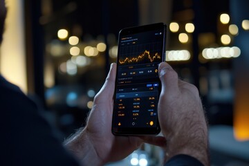 Poster - A man is holding a cell phone that is displaying a stock market graph