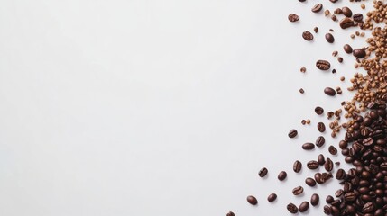 Poster - Various types of coffee beans are spread across a clean white background, inviting creativity and personalization with blank space available. Generative AI