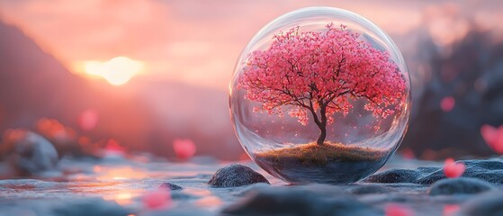 Aufkleber - Enchanted scene of a vibrant pink tree inside a glass globe, showcasing nature's beauty with a dreamy sunset backdrop and floating hearts, perfect for fantasy and romance themes.