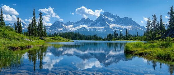 Poster - Stunning panoramic view of a serene lake surrounded by majestic snow-capped mountains under a bright blue sky with fluffy white clouds and lush green foliage