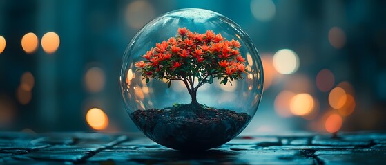 Poster - A Vibrant Flowering Tree Encased in a Glass Globe Surrounded by Soft Bokeh Lights, Symbolizing Nature's Beauty and Serenity in an Urban Environment