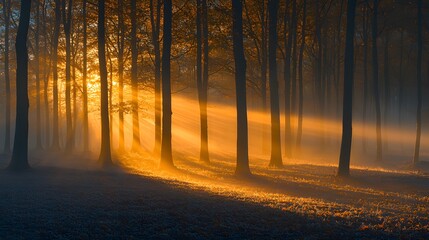 Poster - Mystical Forest at Sunrise with Sunbeams Piercing Through Trees and Enveloping Foliage in a Serene and Dreamlike Atmosphere