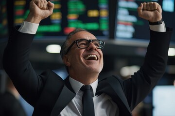 Poster - A man in a suit and tie is smiling and raising his hands in the air