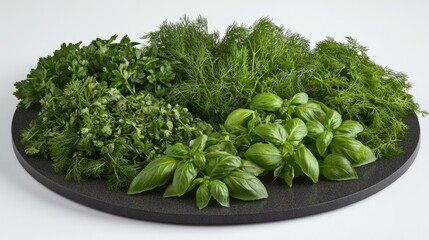 Poster - A collection of fresh herbs arranged on a black plate