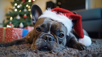 Poster - A playful dog wearing a Santa hat lays down on the floor, perfect for holiday scenes and festive moments