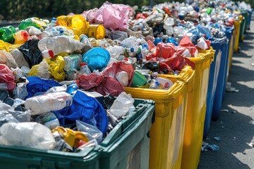 Poster - A row of garbage bins overflowing with plastic waste