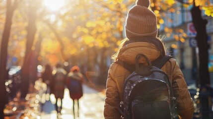 Poster - A person carrying a backpack walks down a street, great for travel or adventure themes