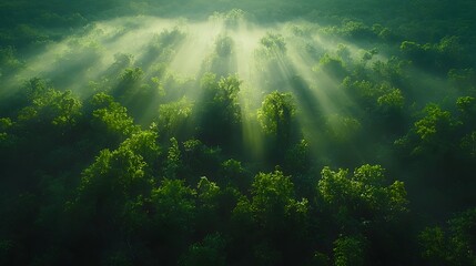 Poster - Aerial View of Lush Green Forest with Sunlight Rays Streaming Down Through the Canopy Creating a Mystical Atmosphere in Nature