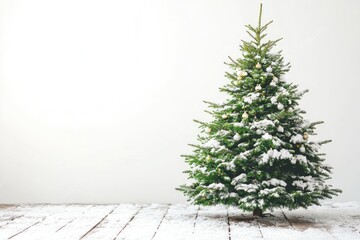Poster - A small Christmas tree decorated with ornaments and covered in snow on a wooden floor