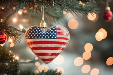 Poster - A heart-shaped ornament hangs from a Christmas tree, perfect for holiday decorations or romantic gifts