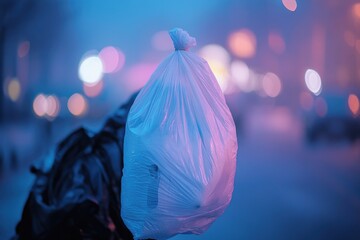 Poster - A discarded bag of garbage sits on the side of a city street, awaiting collection