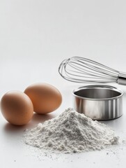 Poster - Flour, eggs, a whisk, and a measuring cup are beautifully arranged on a white background, creating a perfect setup for baking. Generative AI