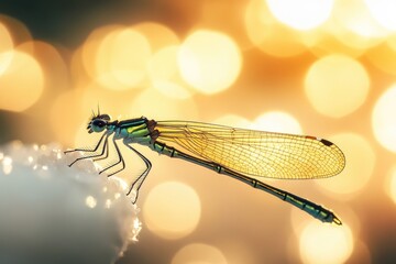 Poster - A dragonfly perched on top of a white flower in a natural setting